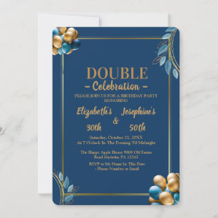 Blue and gold balloons double joint birthday invitation