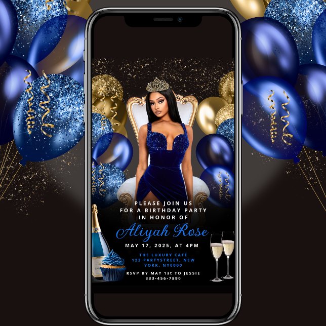 Blue and Gold Balloons Royal Birthday Invitation (Creator Uploaded)