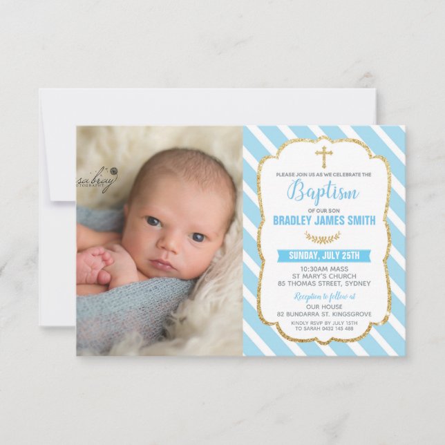 Blue and Gold Baptism Baby Boy Photo Invitation (Front)