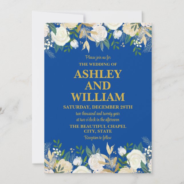 Blue and Gold Boho Bohemian Chic Greenery Wedding Invitation (Front)