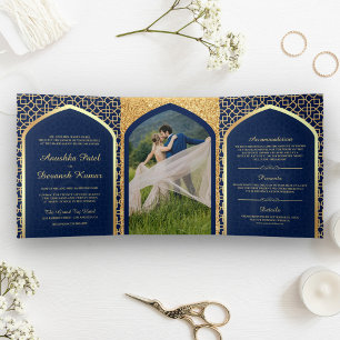Blue and Gold Bollywood Style Indian Wedding Tri-Fold Invitation