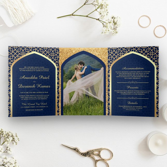 Blue and Gold Bollywood Style Indian Wedding Tri-Fold Invitation (Creator Uploaded)