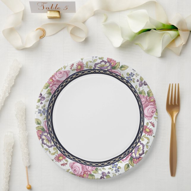 Blue and Gold Border Pink Floral Garden Tea Party Paper Plate (Wedding)