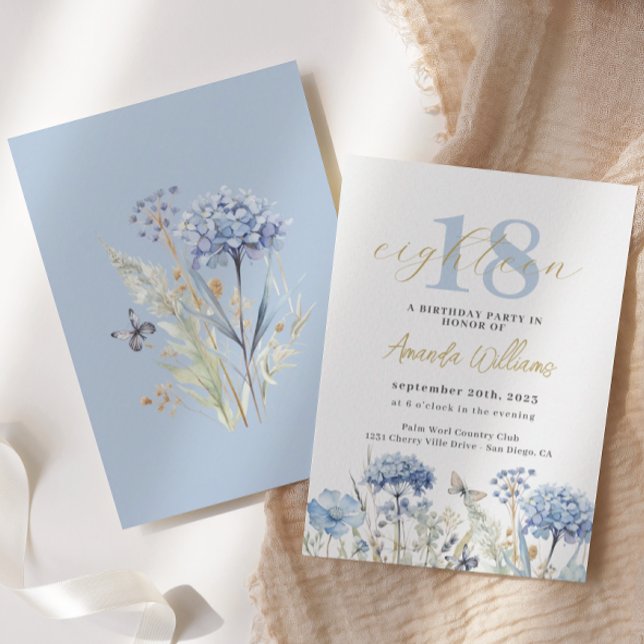 Blue and Gold Botanical 18th Birthday Invitation (Creator Uploaded)