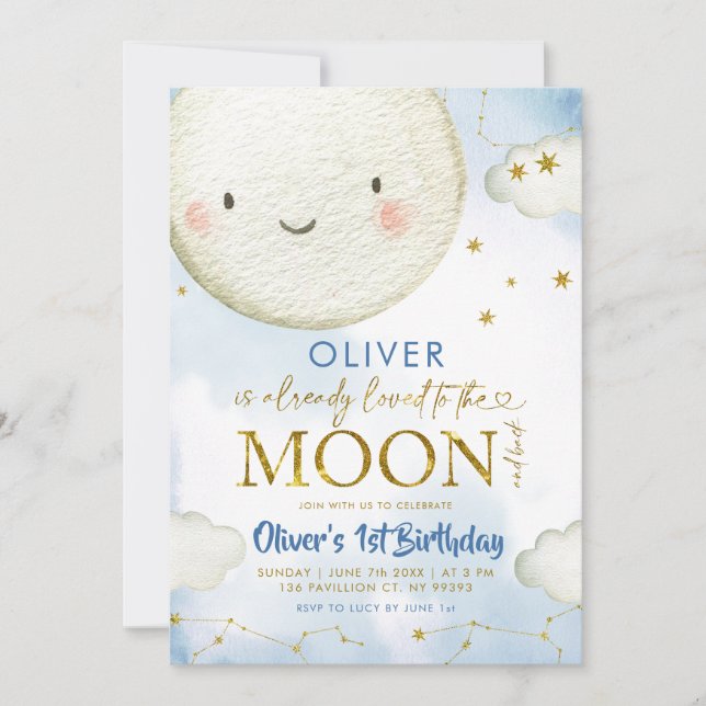 Blue and Gold Boy Cute Moon Birthday Invitation (Front)