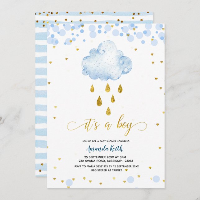 Blue and Gold Boy Raincloud Baby Shower Invitation (Front/Back)