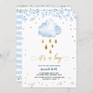 Blue and Gold Boy Raincloud Baby Shower Invitation