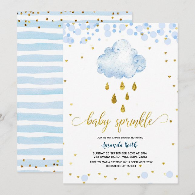 Blue and Gold Boy Raincloud Baby Sprinkle Invitation (Front/Back)