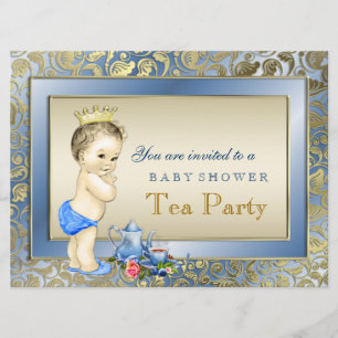 Blue and Gold Boys Tea Party Baby Shower Invitation