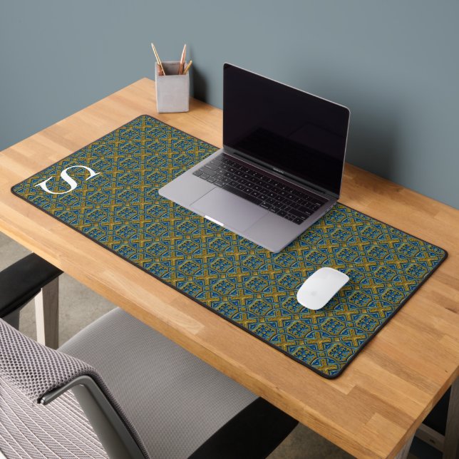 Blue and Gold Brocade Monogrammed Desk Mat (Office 2)