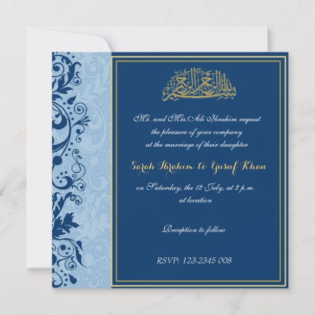 Blue and gold Brocade Muslim wedding Invitation (Front)