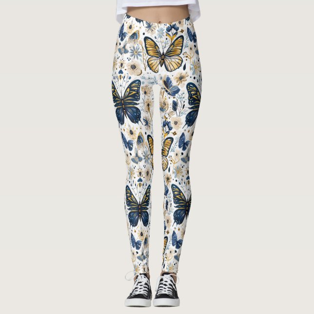 Blue and Gold Butterfly Floral Women’s Leggings (Front)