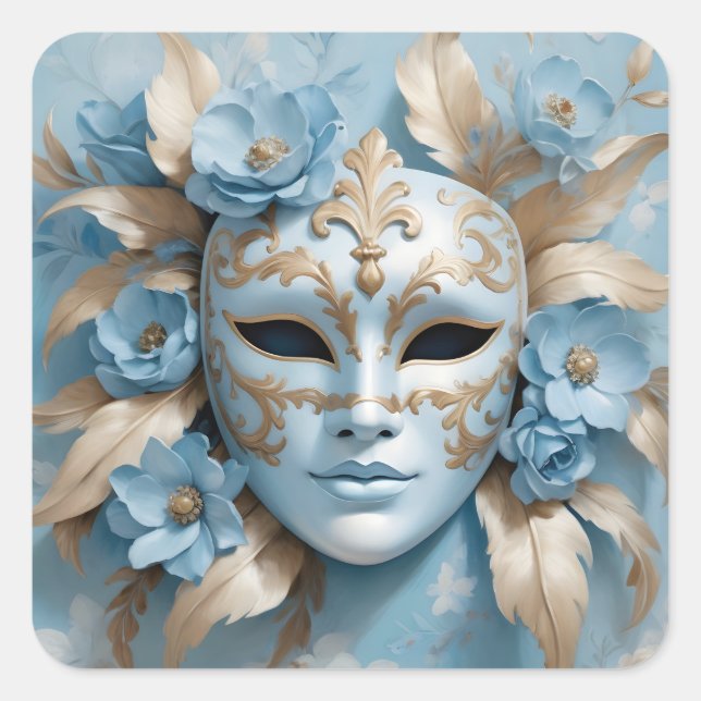 Blue and gold carnival mask square sticker (Front)