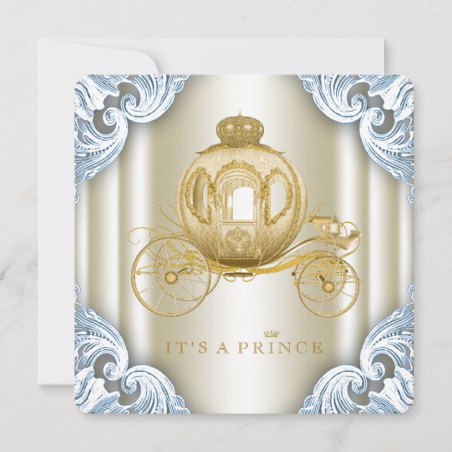 Blue and Gold Carriage Prince Baby Shower Invitation (Front)