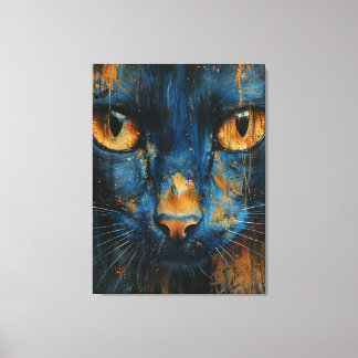 Blue and Gold Cat Modern Abstract Feline Portrait Canvas Print