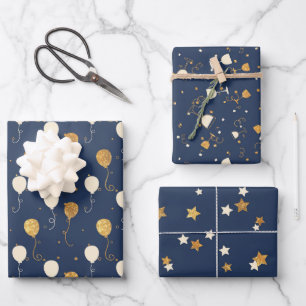 Blue And Gold Celebration Pattern Wrapping Paper Sheet