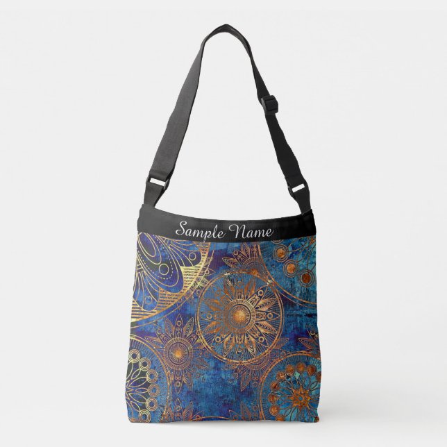 Blue and Gold Celestial Mandala Custom Name Crossbody Bag (Front)