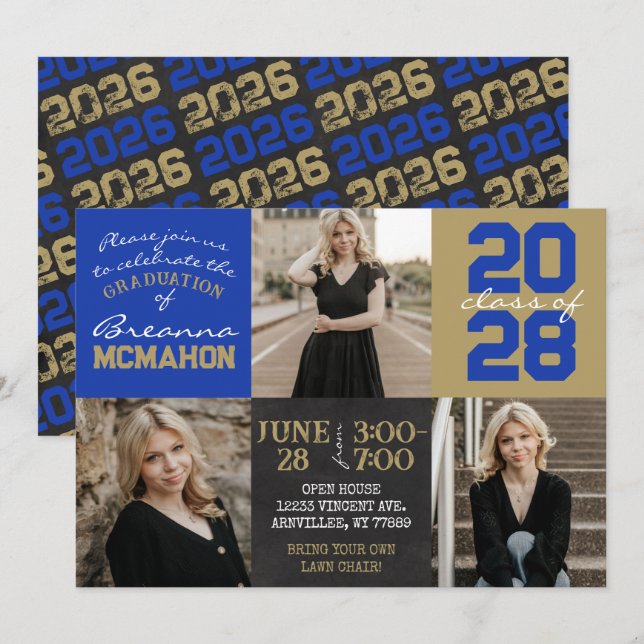 Blue and Gold Chalkboard 3 Photo Graduation Invitation (Front/Back)