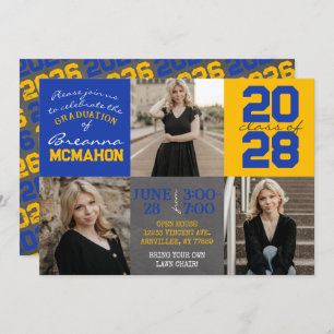 Blue and Gold Chalkboard 3 Photo Graduation Invitation