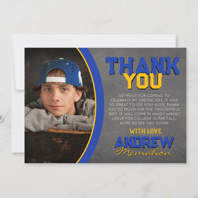 Blue and Gold Chalkboard Graduation Thank You Card (Front)
