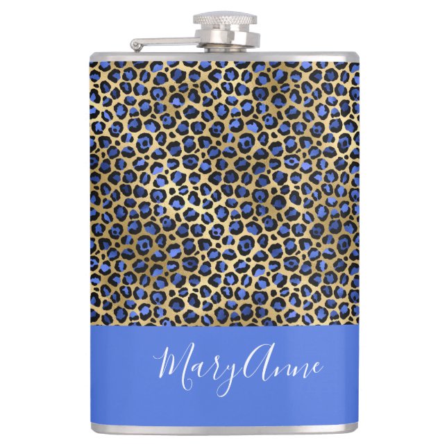 Blue and Gold Cheetah Print Monogram Hip Flask (Front)