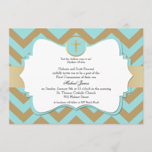 Blue and Gold Chevron Cross Boy Communion Invitation