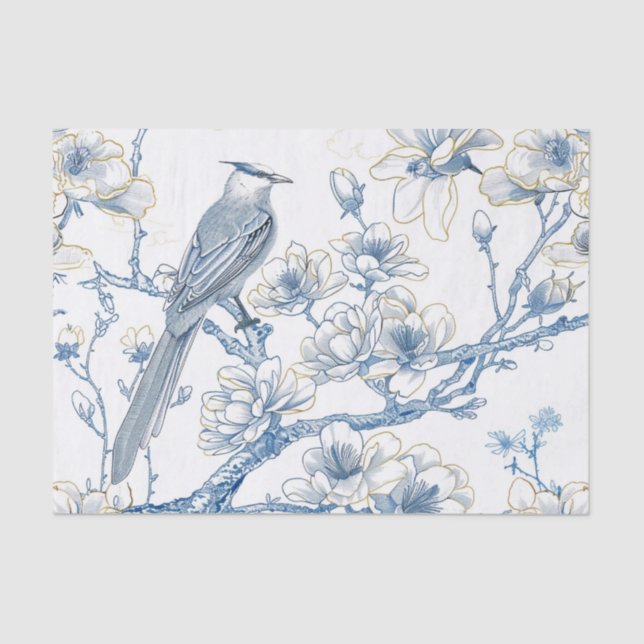 Blue and Gold Chinoiserie French-Toile Bird Tissue Paper (Front)