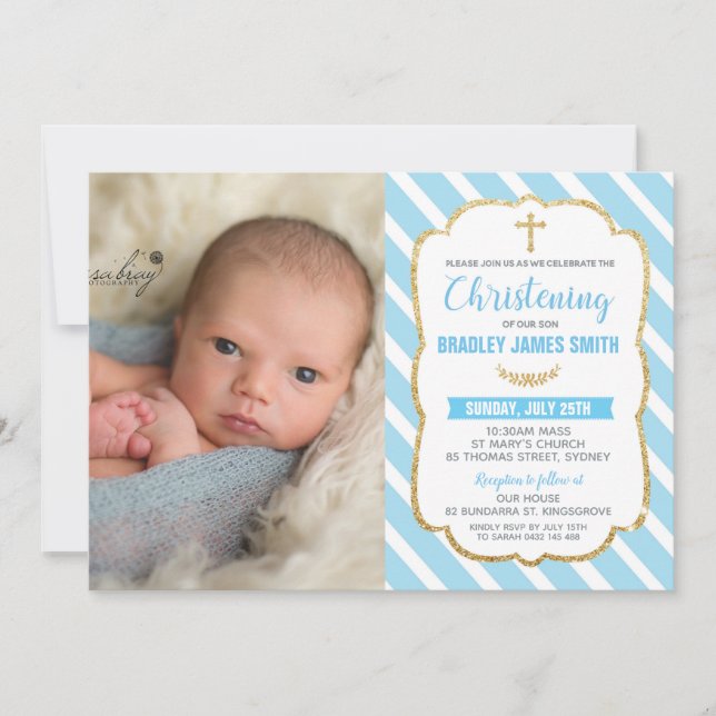 Blue and Gold Christening Baptism Baby Boy Invitation (Front)