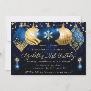 Blue and Gold Christmas Baubles Birthday Party Invitation