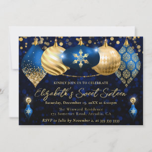 Blue and Gold Christmas Baubles Sweet 16 Invitation