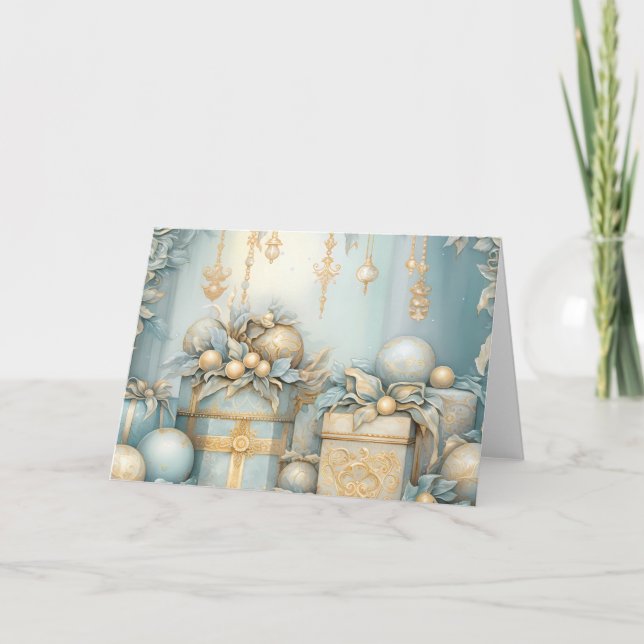 Blue and Gold Christmas Gifts and Ornament Design Card (Front)