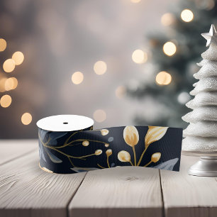 Blue And Gold Christmas Leaves Grosgrain Ribbon