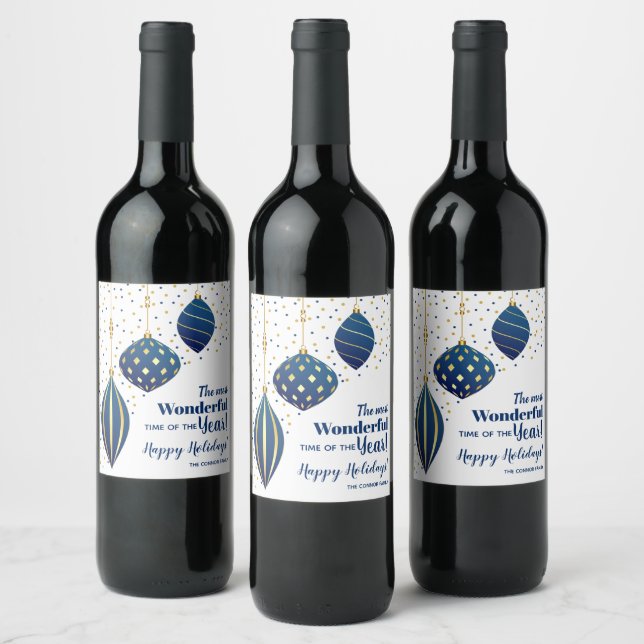 Blue and Gold Christmas Ornaments and Dots Wine Label (Bottles)