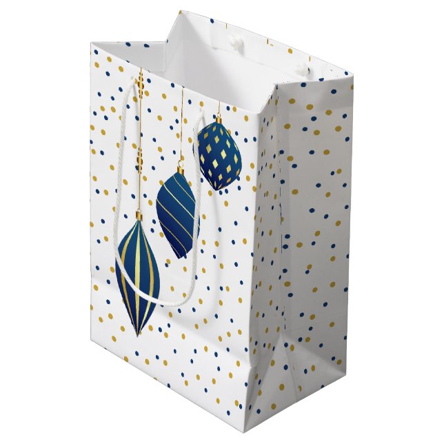 Blue and Gold Christmas Ornaments Holiday Medium Gift Bag (Front Angled)