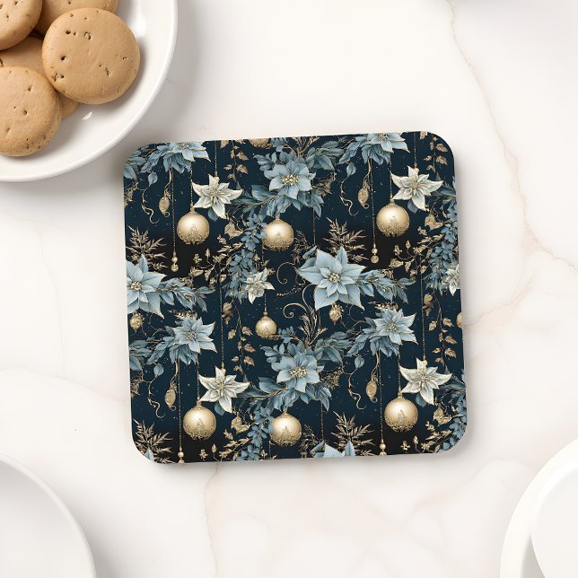 Blue and Gold Christmas Ornaments Poinsettias Coaster (Creator Uploaded)