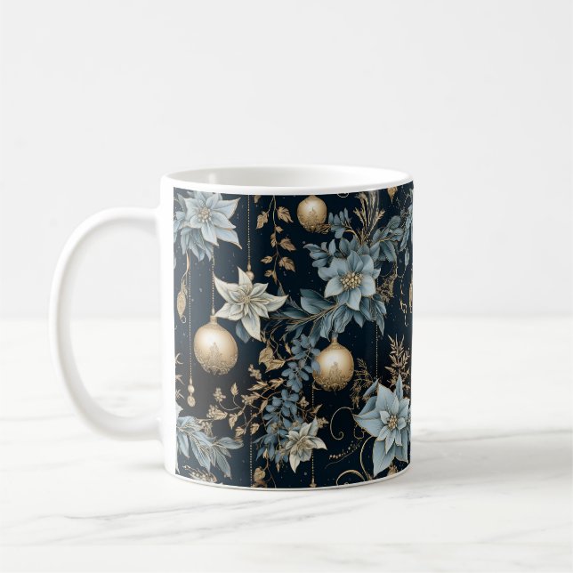 Blue and Gold Christmas Ornaments Poinsettias Coffee Mug (Left)