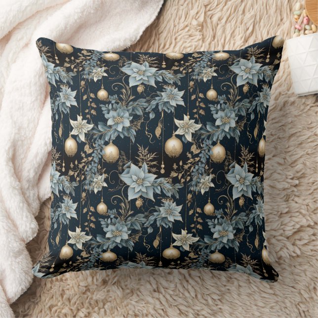 Blue and Gold Christmas Ornaments Poinsettias Cushion (Blanket)