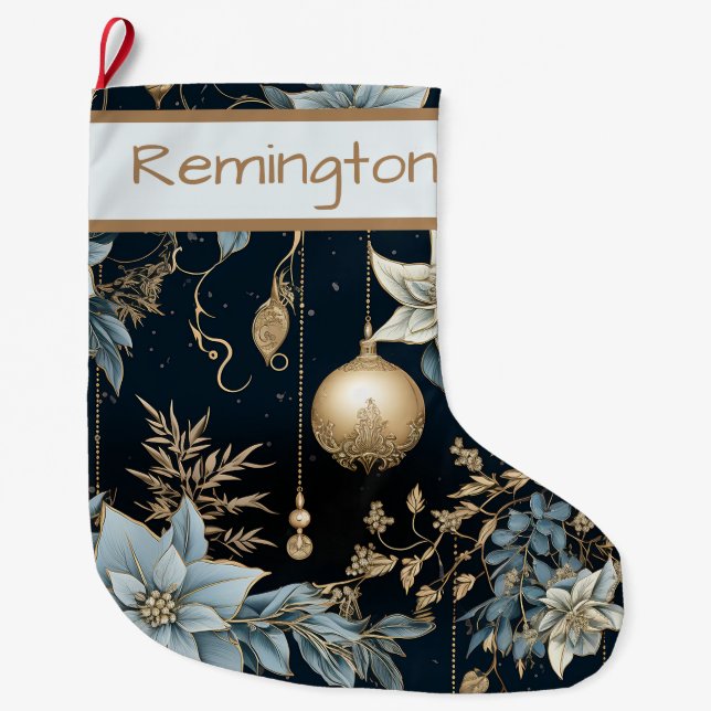 Blue and Gold Christmas Ornaments Poinsettias Large Christmas Stocking (Front)