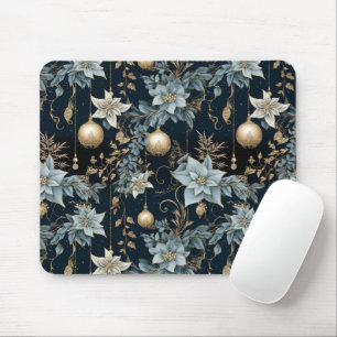Blue and Gold Christmas Ornaments Poinsettias Mouse Mat