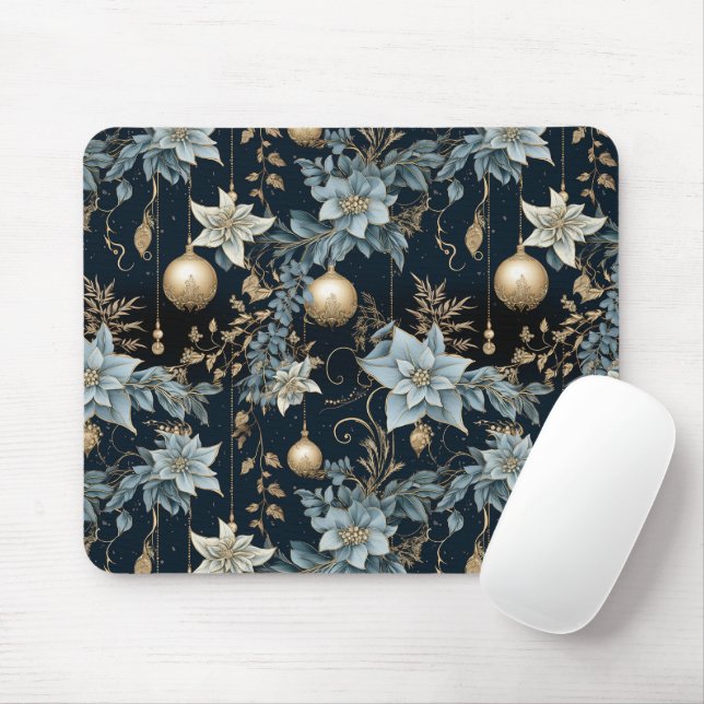 Blue and Gold Christmas Ornaments Poinsettias Mouse Mat (With Mouse)