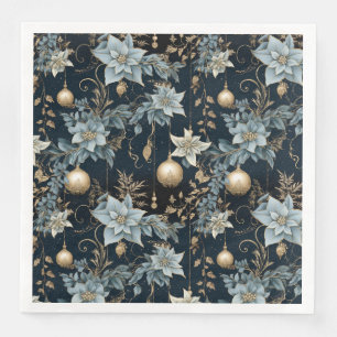 Blue and Gold Christmas Ornaments Poinsettias Napkin