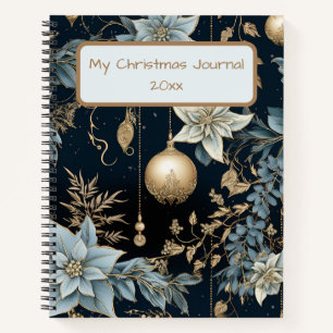 Blue and Gold Christmas Ornaments Poinsettias Notebook