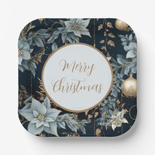 Blue and Gold Christmas Ornaments Poinsettias Paper Plate