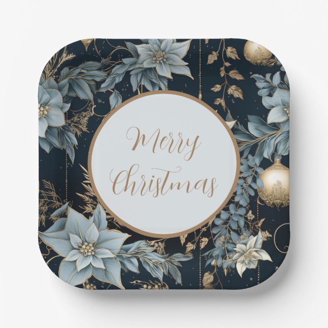 Blue and Gold Christmas Ornaments Poinsettias Paper Plate (Front)