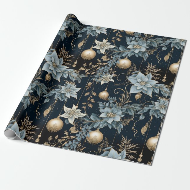 Blue and Gold Christmas Ornaments Poinsettias Wrapping Paper (Unrolled)