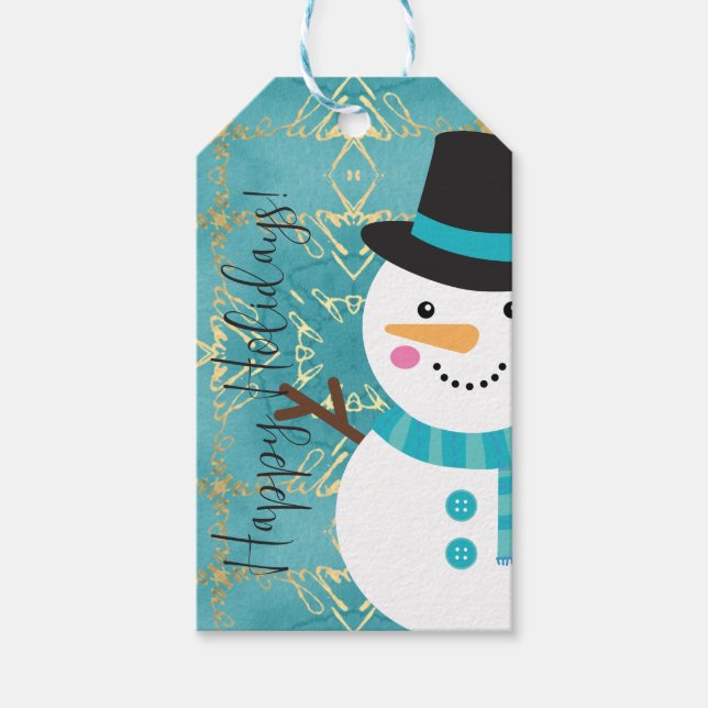 Blue and gold Christmas snowman gift tag (Front)
