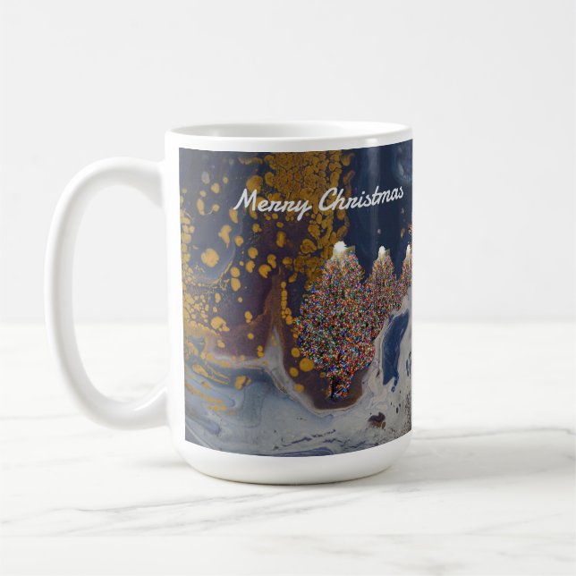 Blue and Gold Christmas Trees at Night Mug (Left)