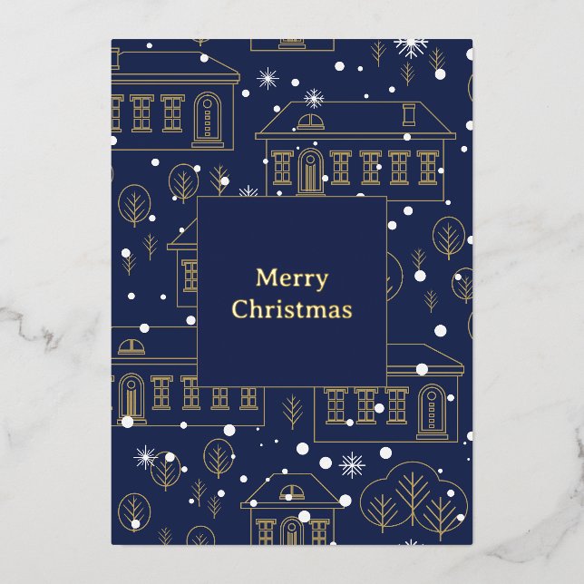 Blue and Gold Christmas Village Foil Card (Front)