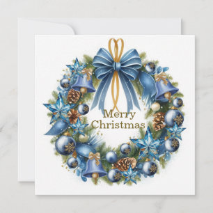 Blue and Gold Christmas Wreath Greeting Card