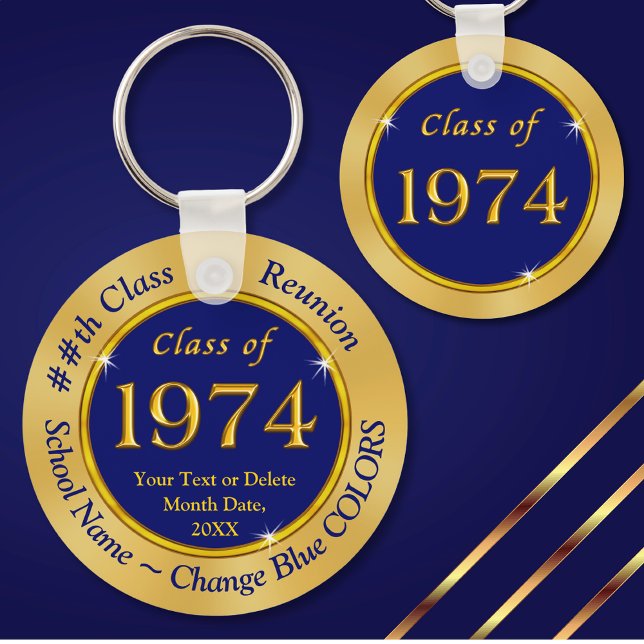 Blue and Gold, Class of 1972, Class Reunion Favour Key Ring (Class of 1974 ideas. 50th reunion party favors. 50th reunion keychains. Class of 1974. Blue and Gold)